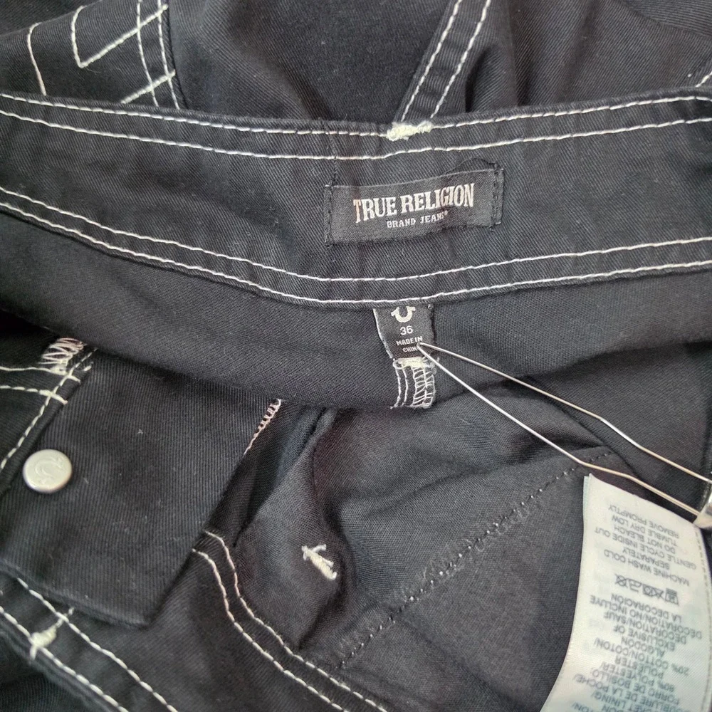 True Religion Mens Baggy Cargo Pants Black White Contrast Stitch Size 36 Y2K